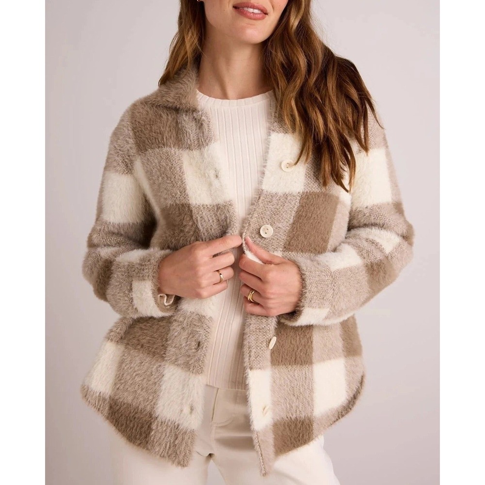 Bella Dahl Knitted Fuzzy Shacket Womens XS Ivory Sand Plaid Button Front B2626